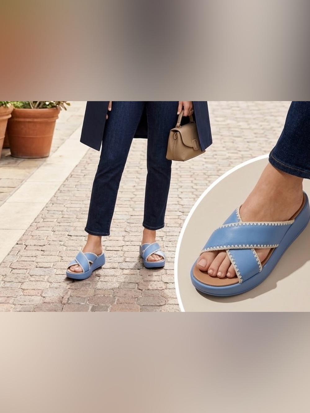 FitFlop F-Mode Crochet Stitch Leather Flatform Slides Blue Women's Size 10 EU 42